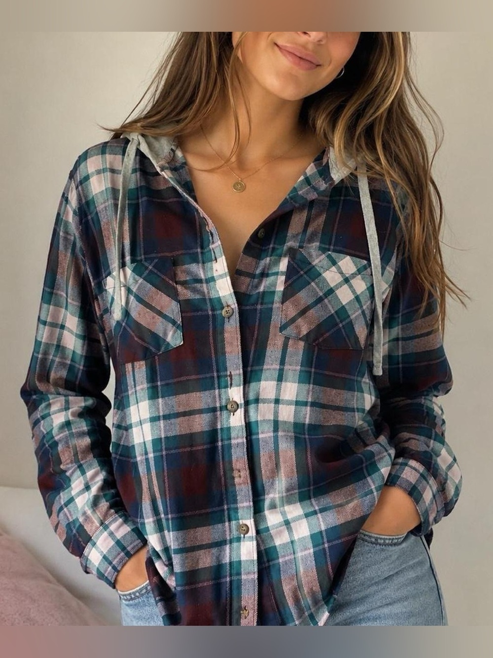 Cabincore Natural Reflections gorpcore fall large Plaid Button-Up Hooded Top